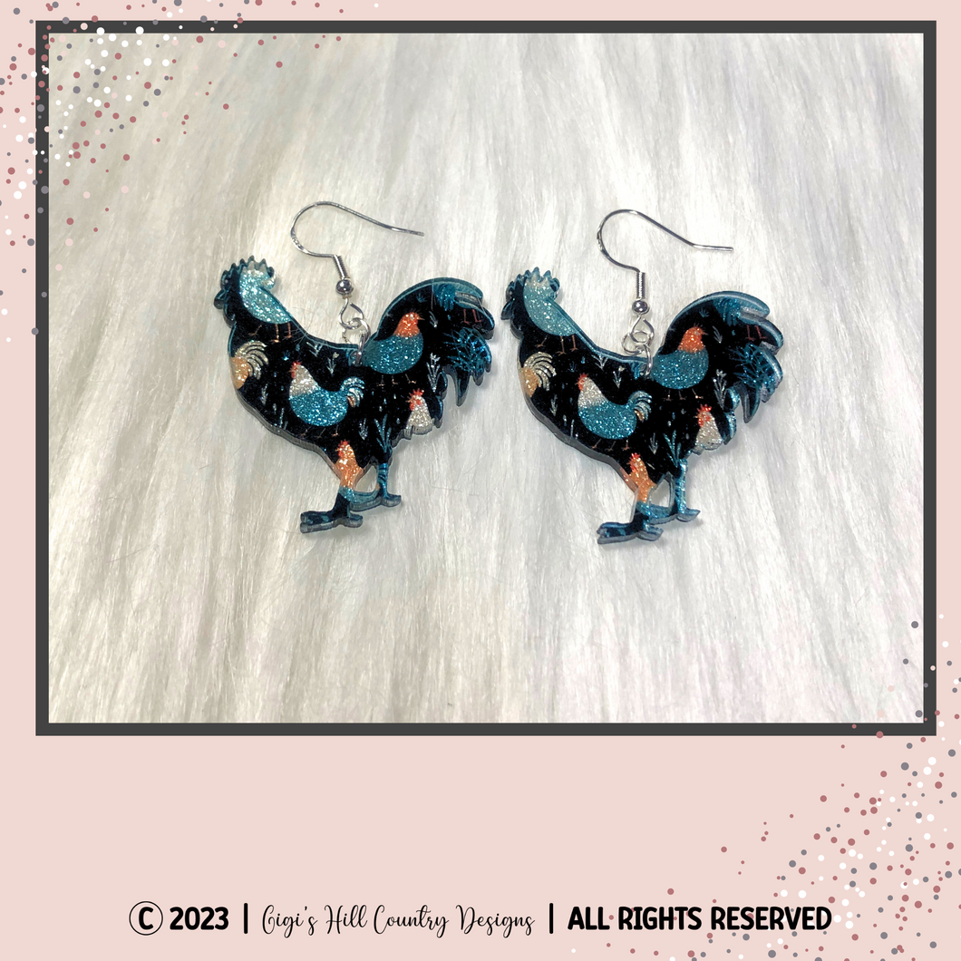 Rooster Earrings, Keychain or Car Charm