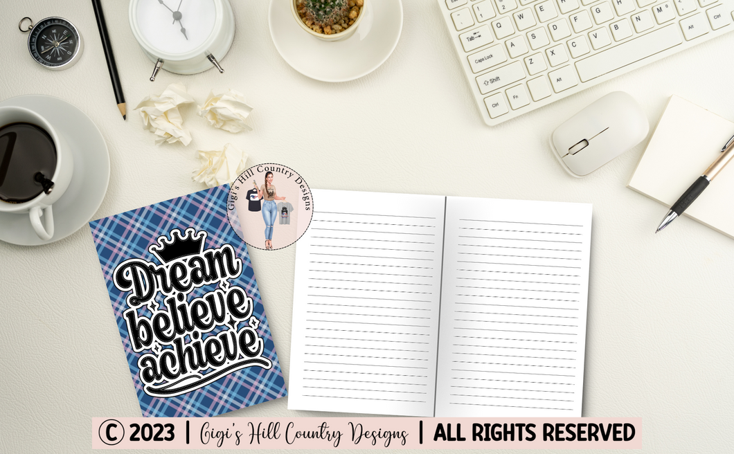 Dream Believe Achieve - 6x9 Blue and Pink Plaid Journal